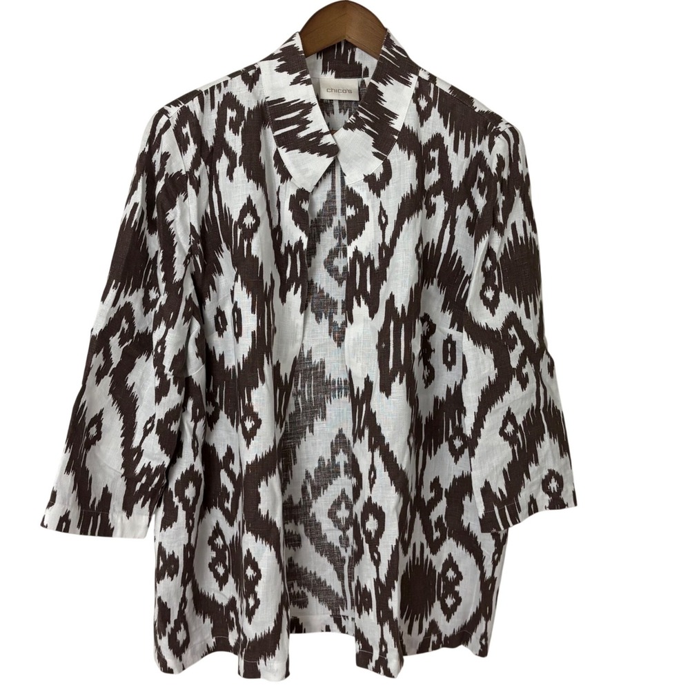 Chico's Linen Jacket Womens 2 L Brown White Ikat Tribal 3/4 Sleeve Quiet Luxury